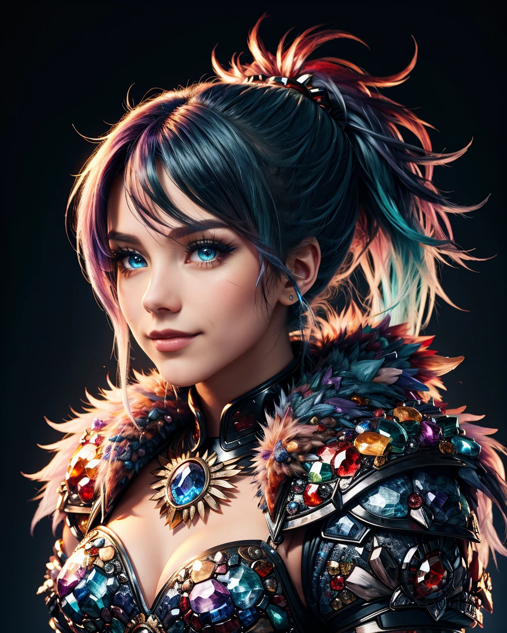 vibrant colors, girl, masterpiece, sharp focus, best quality, depth of field, cinematic lighting, ponytail, blue hair, red eyes, fur armor, mountain, bright smile, night sky, made of ral-ntrgmstn <lora:ral-ntrgmstn:1> ral-ntrgmstn