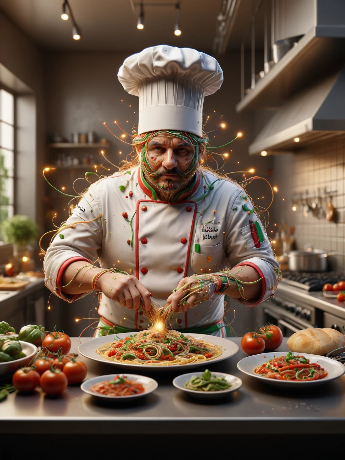 ais-wirez chef, cooking aromatic Italian cuisine in a kitchen <lora:Electrical_Wires_Style_SDXL:1>