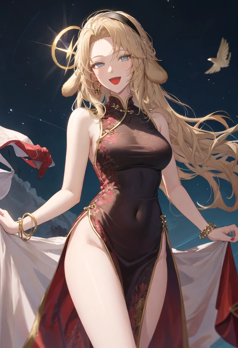 best quality, masterpiece, highres, solo, {kristen_arknights:0.90}, bare_shoulders, bead_bracelet, beads, china_dress, chinese_clothes, dress, jewelry, looking_at_viewer, sleeveless, sleeveless_dress, bracelet, smile, medium_breasts, thighs, cowboy_shot, :d, open_mouth