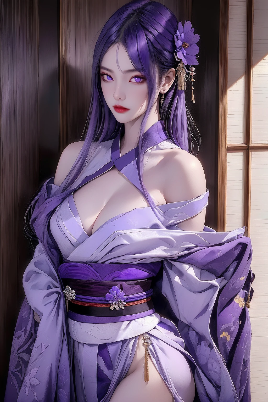 <lora:lei_08:0.7>,extremely detailed CG unity 8k wallpaper,best quality,(realistic:1.4),world masterpiece,(highres, ultra detailed,8K),lei,1girl,chest,solo,purple hair,purple eyes,hair_ornament,look at the audience,purple kimono,purple thigh high,long_sleeves,thigh,shoulder_armor,standing,