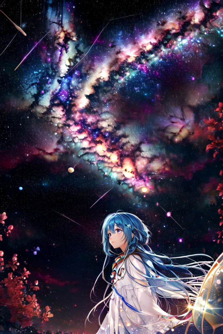 <lora:stargirl(æä¹å¥³):1>stargirl, 1girl, star \(sky\), sky, solo, long hair, blue hair, starry sky, looking up