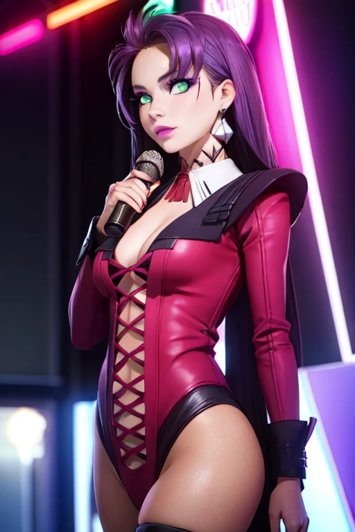 photorealistic, (4k), depth of field, (Masterpiece), (realistic skin texture), extremely detailed, intricate, hyper detailed, high resolution, professional photography, , depth of field, sharp detail, best quality, looking at viewer, 1girl, solo, <lora:dolce_synduality_noir:0.84>, dolce_synduality_noir, purple hair, green eyes, , makeup, moulin rouge costume, science fiction detective,