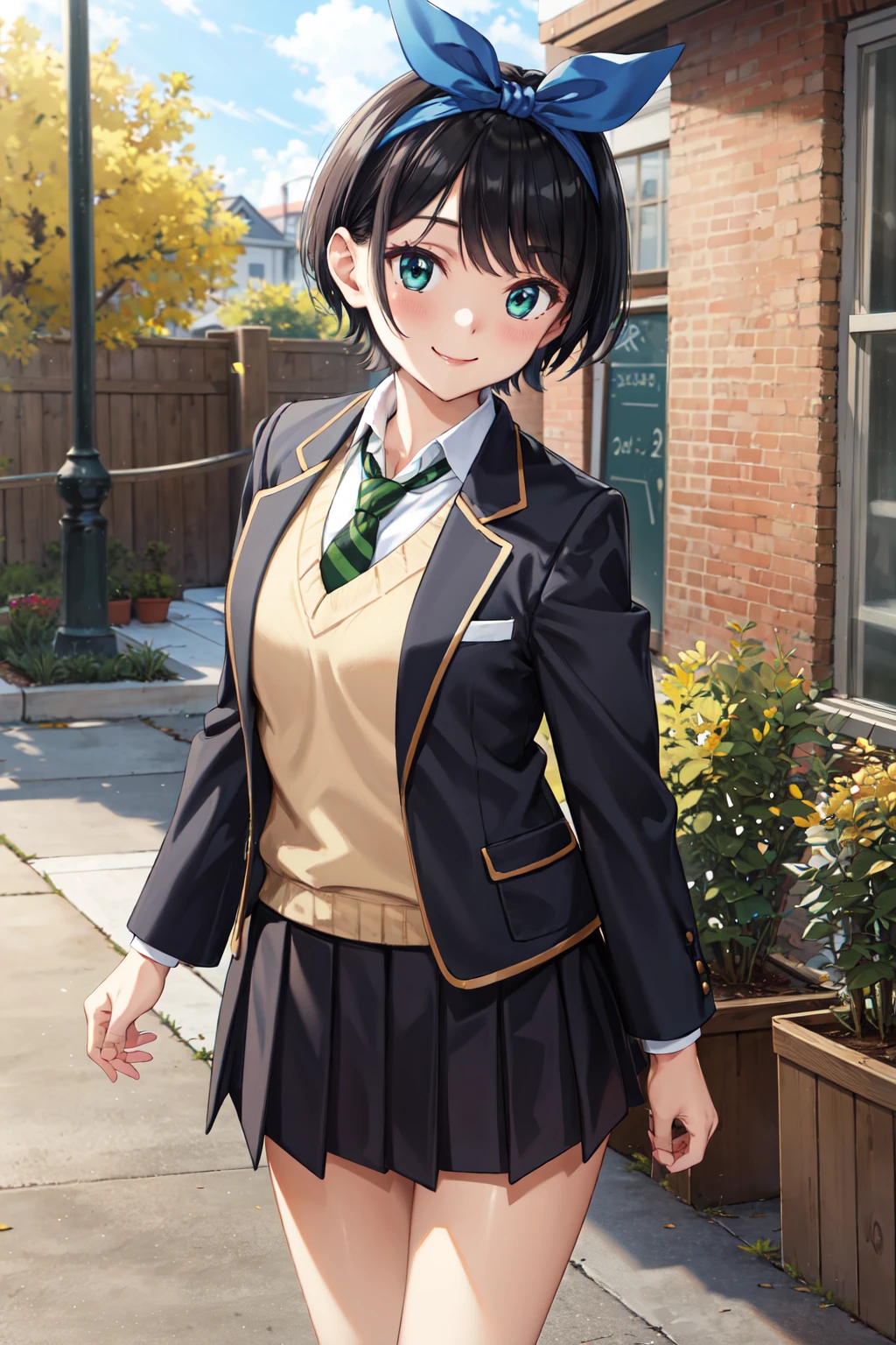 masterpiece,best quality,highres,ultra-detailed,aaruka,blue hairband,short hair,bangs,long sleeves,school uniform,jacket,black jacket,blazer,open clothes,green necktie,(sweater vest:1.1),shirt,skirt,black socks,loafers,brown footwear,<lora:sarashina_ruka:0.8>,outdoors,standing,:smile,cowboy shot,
