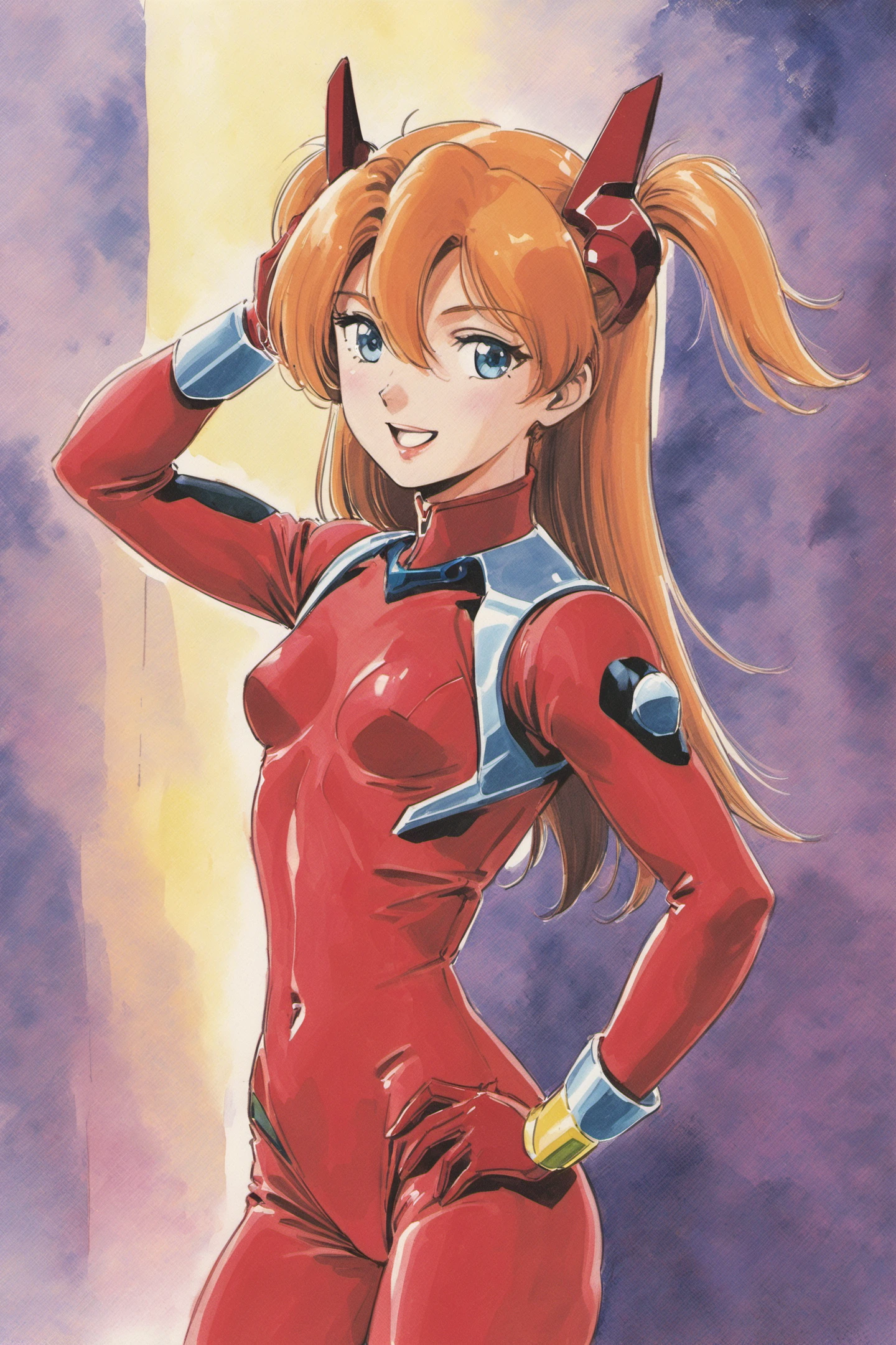 1girl, long hair, plugsuit, bodysuit, souryuu asuka langley, pilot suit, bracer, blue eyes, smile, breasts, bangs, turtleneck, solo, cowboy shot, :d, hair between eyes, gloves, (red bodysuit:1.5), small breasts,looking at viewer, headgear, two side up, hand on hip, skinny, adjusting hair, narrow waist, standing, orange hair, science fiction,hand up, shiny clothes, hair ornament, happy, from side, shiny, skin tight, retro artstyle, traditional media, watercolor \(medium\),<lora:Hiroyuki Kitazume _XL:0.8>