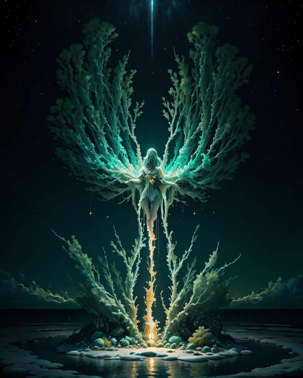 Insanely detailed illustration, beautiful composition!! Treasures washed ashore, at night, on the beach, precious luminescent diamonds and open safes of precious luminescent gold jewels. The night sky, dotted with stars, is reflected in a serene sea at the foot of the landscape, creating an atmosphere of tranquility and wonder, magical scenery surrounded by light. abstract form of a reality, intense and infinite. The double exposure creates an ethereal effect, blending the abstract form with the surrounding landscape, as if it were a natural extension of the magic it emanates. The details of the bioluminescent creatures are precisely rendered and shine in vivid colors, made out of ral-mold <lora:ral-mold:1> ral-mold