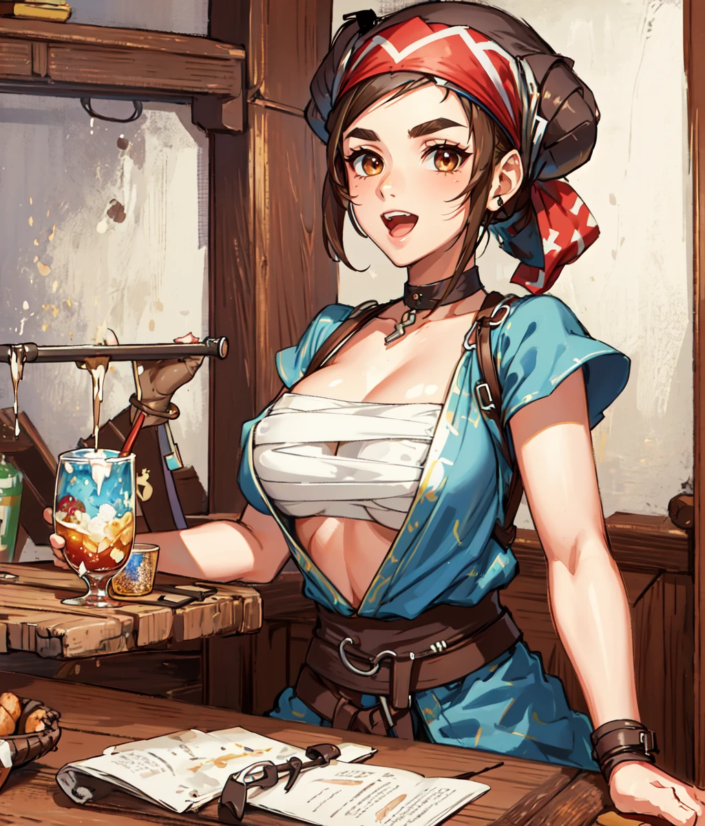 masterpiece, high res, detailed face, detailed eyes, 1 girl, solo, big smile, open mouth, brown hair, brown eyes. thick eyebrows, medium breasts, blue vest, black tigh shorts, chest bandages, bandana, hair sidebuns, anklet, red obi, sitting, table, drinking ale, medieval tavern, cowboy shot, full body, <lora:Lun:0.9>