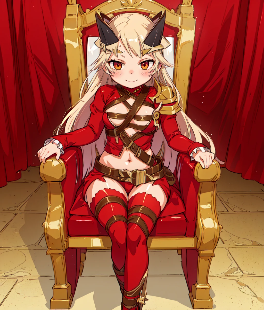 masterpiece, high res, detailed face, detailed eyes, anime screencap, 1 girl, solo, evil smile, slender, cleavage, blonde hair, long hair, head ornament, red outfit, red shorts, leather, belts, cleaver, gold armor, full body, cowboy shot, throne room, royal throne <lora:Aldra:1>