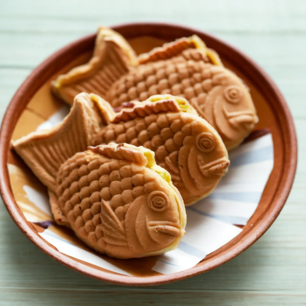 <lora:Fish_shaped_waffle_v1:0.7>,food focus, taiyaki