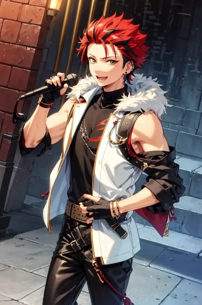 kurokiryu, looking at viewer, smile, open mouth, shirt, gloves, jewelry, jacket, earrings, japanese clothes, teeth, sleeveless, black gloves, belt, pants, fingerless gloves, bracelet, streaked hair, fingernails, black shirt, turtleneck, black pants, piercing, tassel, stairs, holding microphone, idol