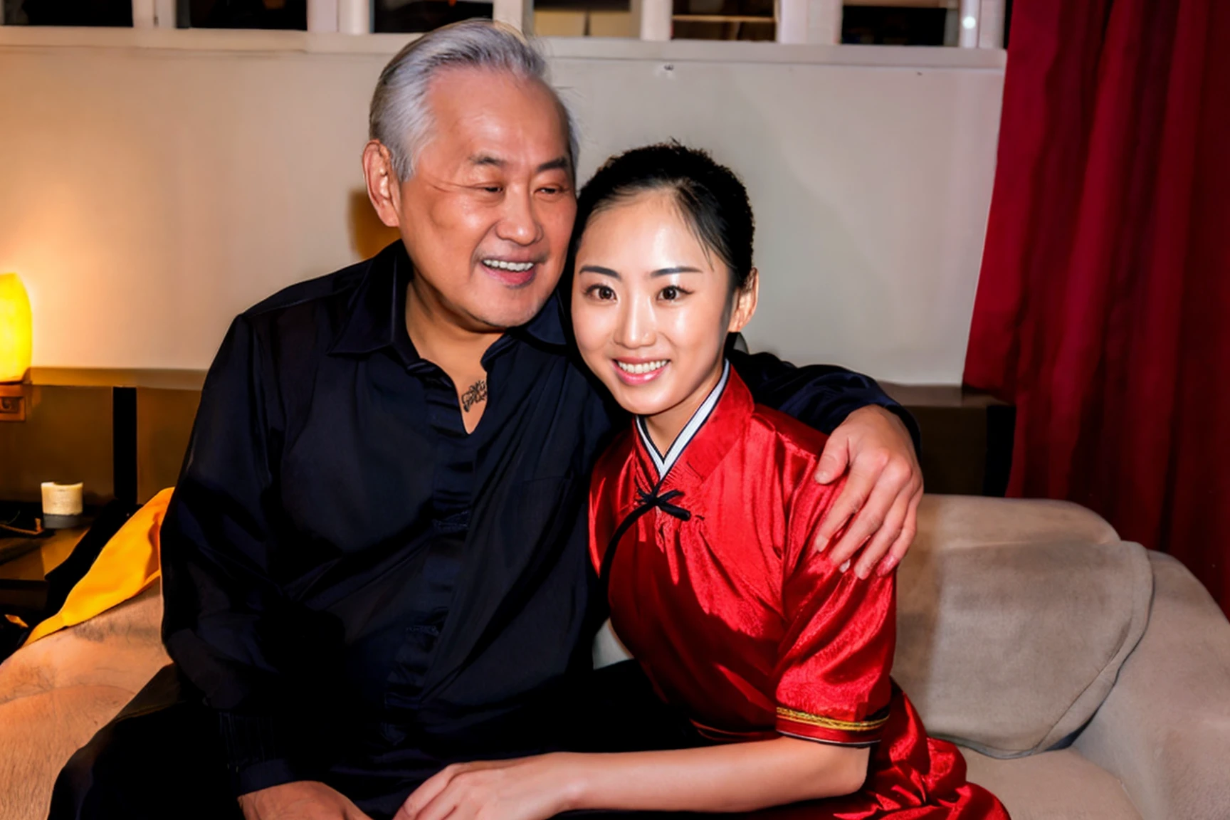 r/GWCouples,(photorealistic:1.4) and (Realistic:1.4),asian man sitting and woman sitting,couple and (old man hugs woman from behind),from front,night photo of (an 24-year-old cute and petite chinese woman named chinesebabe:1) and (age difference) and old (fat man),beautiful chinese female idol wearing cheongsam,realistic,black eyes,((woman looking at viewer and man looking at viewer)),man white hair,grin and detailed teeth,lips,thighs,man wearing jeans and wearing shirt, (best aesthetic:1.2) and (best quality:1.2),(detailed skin textures and detailed skin pores and high skin detail),Dark messy bedroom background,on bde,indoors,able lamp,<lora:age difference_V1:0.7> <lyco:film grainV3:0.3> <lora:chinesebabeV1:0.65>, keylight reflection on eyes,detailed iris,detailed pupil,dark lighting, shadows <lora:leaked nude photos style:0.3> flash photography, detailed hands and Detailed 5 fingers and Detailed 5 finger nails