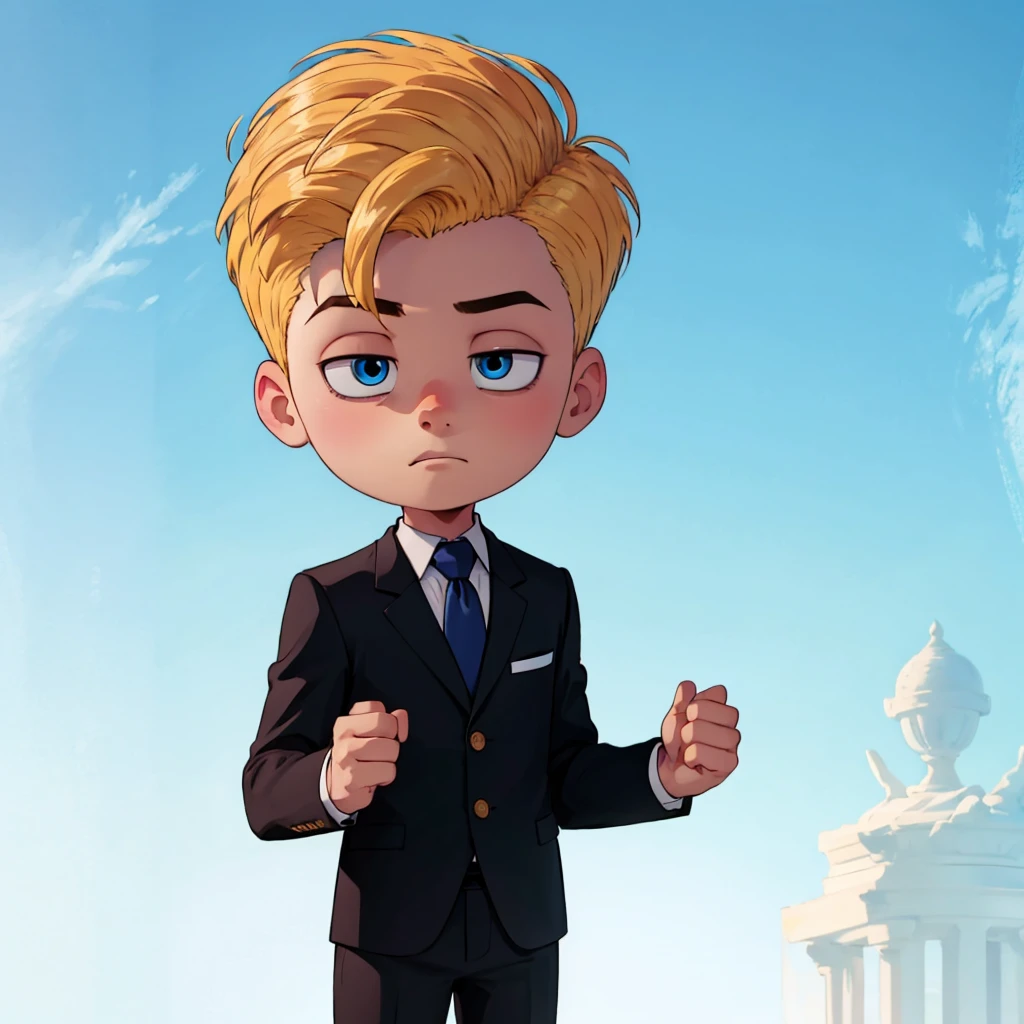 solo, Lou, 1boy, blonde hair, suit, black suit, formal, blue necktie, blue eyes, child, chibi, , <lora:Lou_uglydolls_Leaf2:0.6>, blue sky, cowboy shot, gradient background,