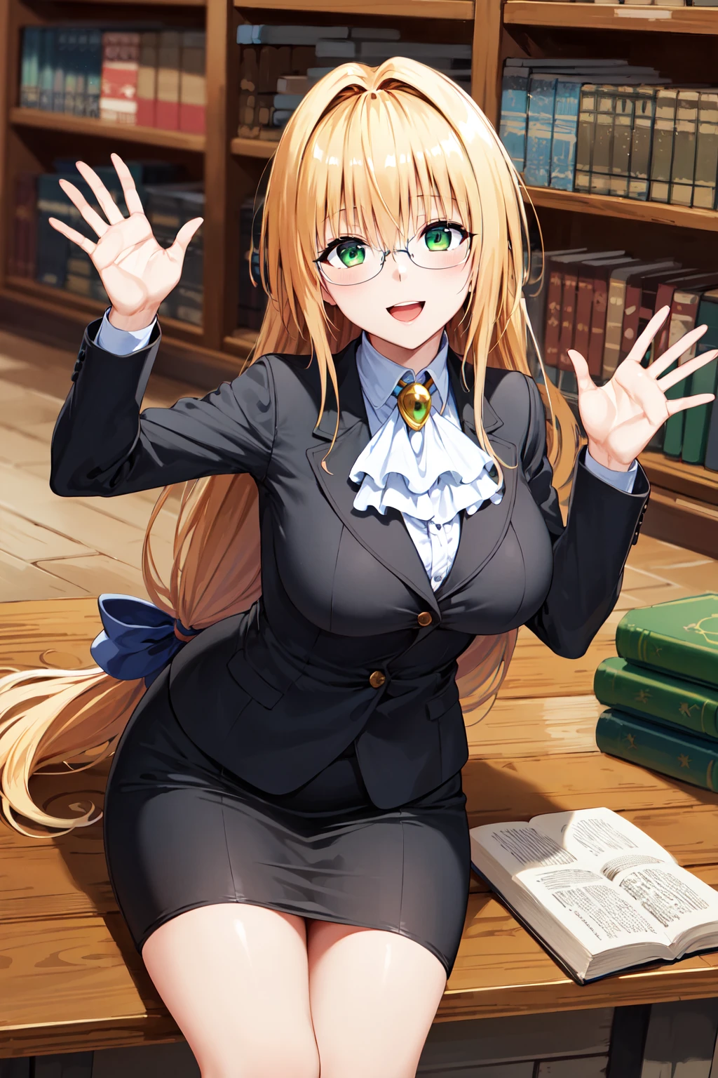 (masterpiece, best quality, ultra detailed, beautiful illustration), atmospheric perspective, depth of field, looking at viewer, beautiful detailed eyes, anime eyes:1.4, (portrait, close-up:1.3), sexy pose, dynamic angle, (indoors, school, blackboard, holding book, teaching), 1girl, sexy smile, mature woman, wide hips, (huge breasts:1.5), <lora:tearju_lunatique_v1:0.8> aatearju, very long hair, low-tied long hair, hair ribbon, green eyes, glasses, white ascot, black jacket, long sleeves, black skirt
