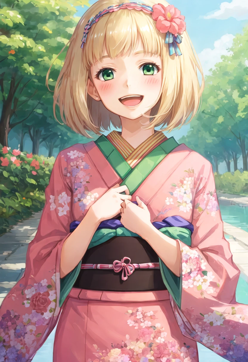 best quality, masterpiece, highres, solo, {moriyama_shiemi:0.90}, 1girl, flower, kimono, smile, open_mouth, blush