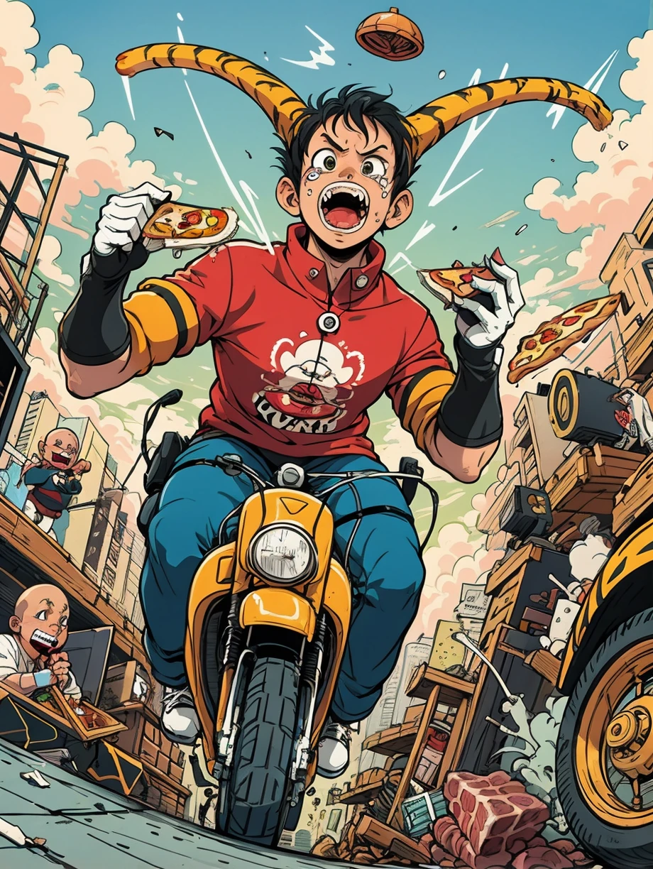 hezi, trend illustration, bright colors, pizza, food, cloud, multiple boys, controller, parody, black hair, holding, open mouth, game controller, tongue, teeth, weapon, holding pizza, 1boy, pizza slice, holding food, sky, tiger, male focus, style parody, eating, television, riding, robot, monitor, facial hair, video game, ground vehicle, 2boys, heart, smile, bald, tongue out, lightning, monster, 3boys, motor vehicle, claws, horns, giant, short hair, 1girl, cable, dinosaur, tears, smoke, game console, shirt, meat, building, crying, crossover, monkey d. luffy, microphone, knife<lora:æ½®æµæç»:0.55>