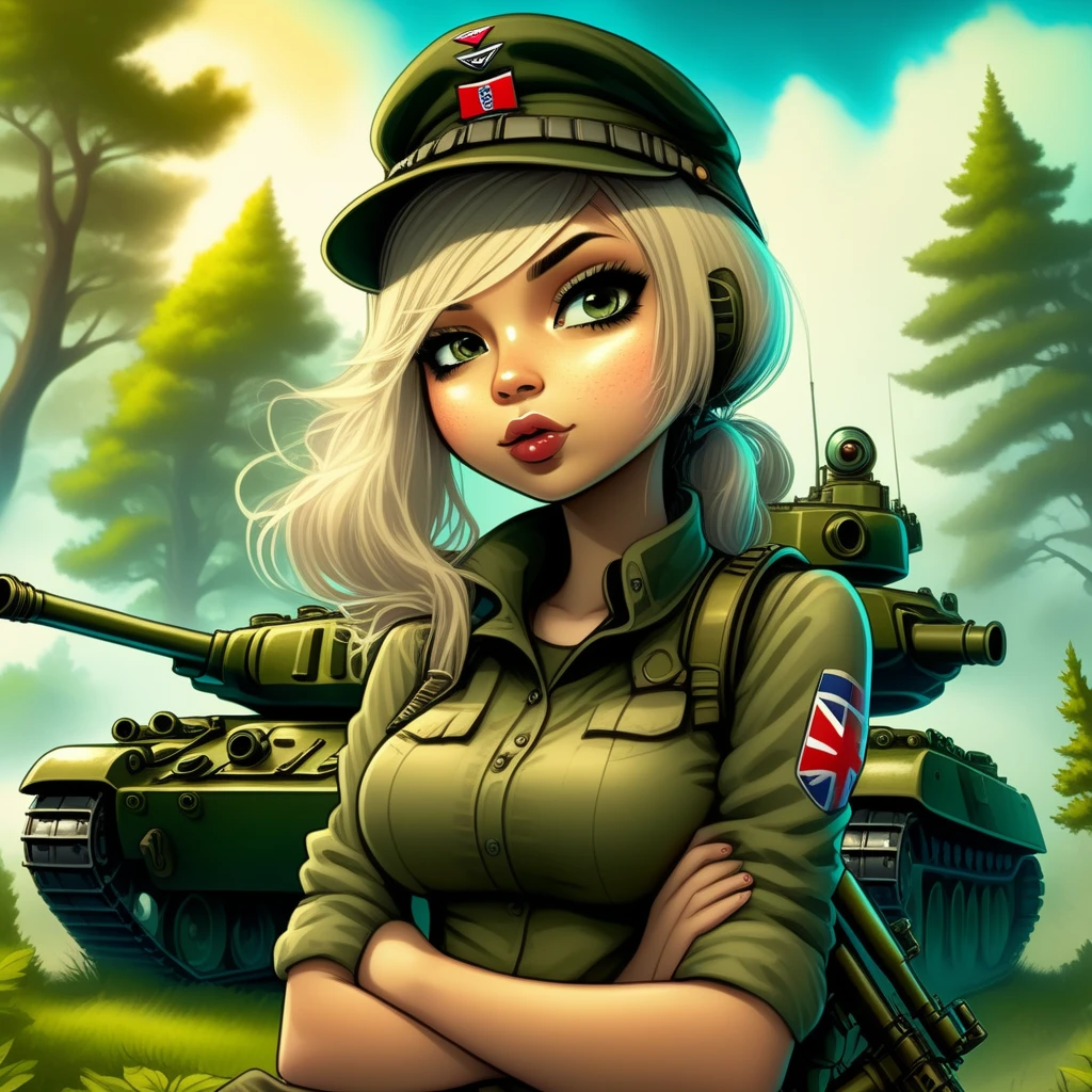 codamsel girl soldier in uniform in the background of trees and a tank <lora:codamsel:1>