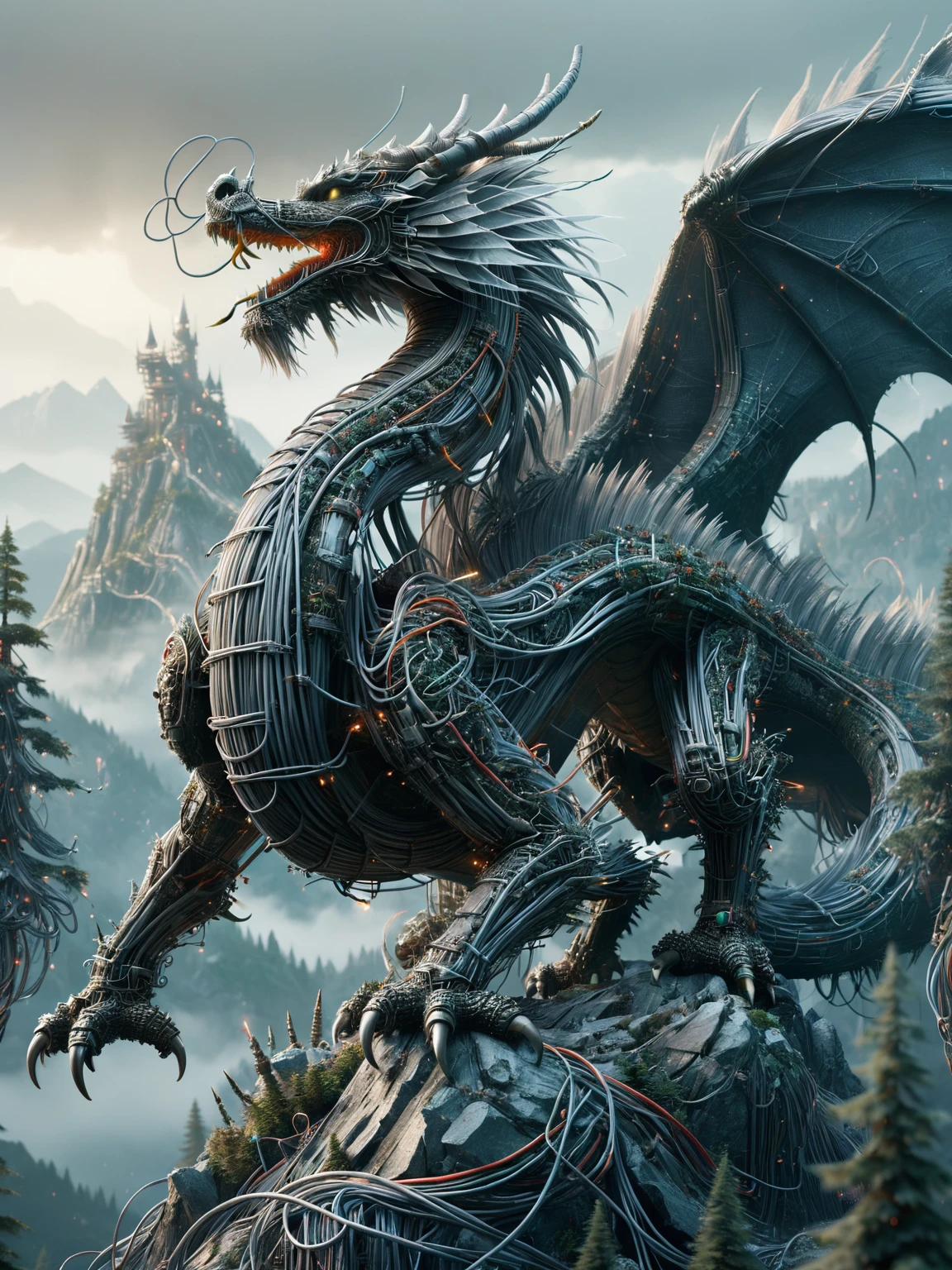 knight, battling a fierce ais-wirez dragon atop a misty mountain, with a majestic, enchanted forest in the background <lora:Electrical_Wires_Style_SDXL:1>