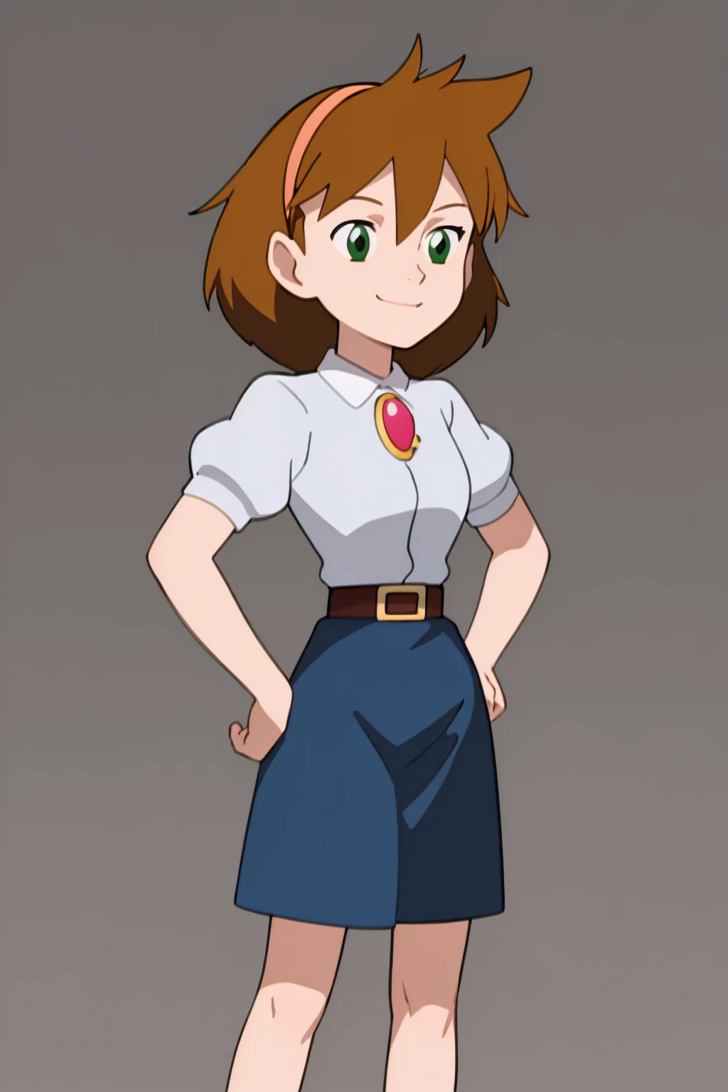 masterpiece, best quality, 1girl, janebuxton, brown hair, short hair, green eyes, hairband, brooch, puffy short sleeves, dark blue skirt, belt, hands on hips, standing, solo, looking at viewer, smile, simple background, solid grey background <lora:JaneBuxton:1>
