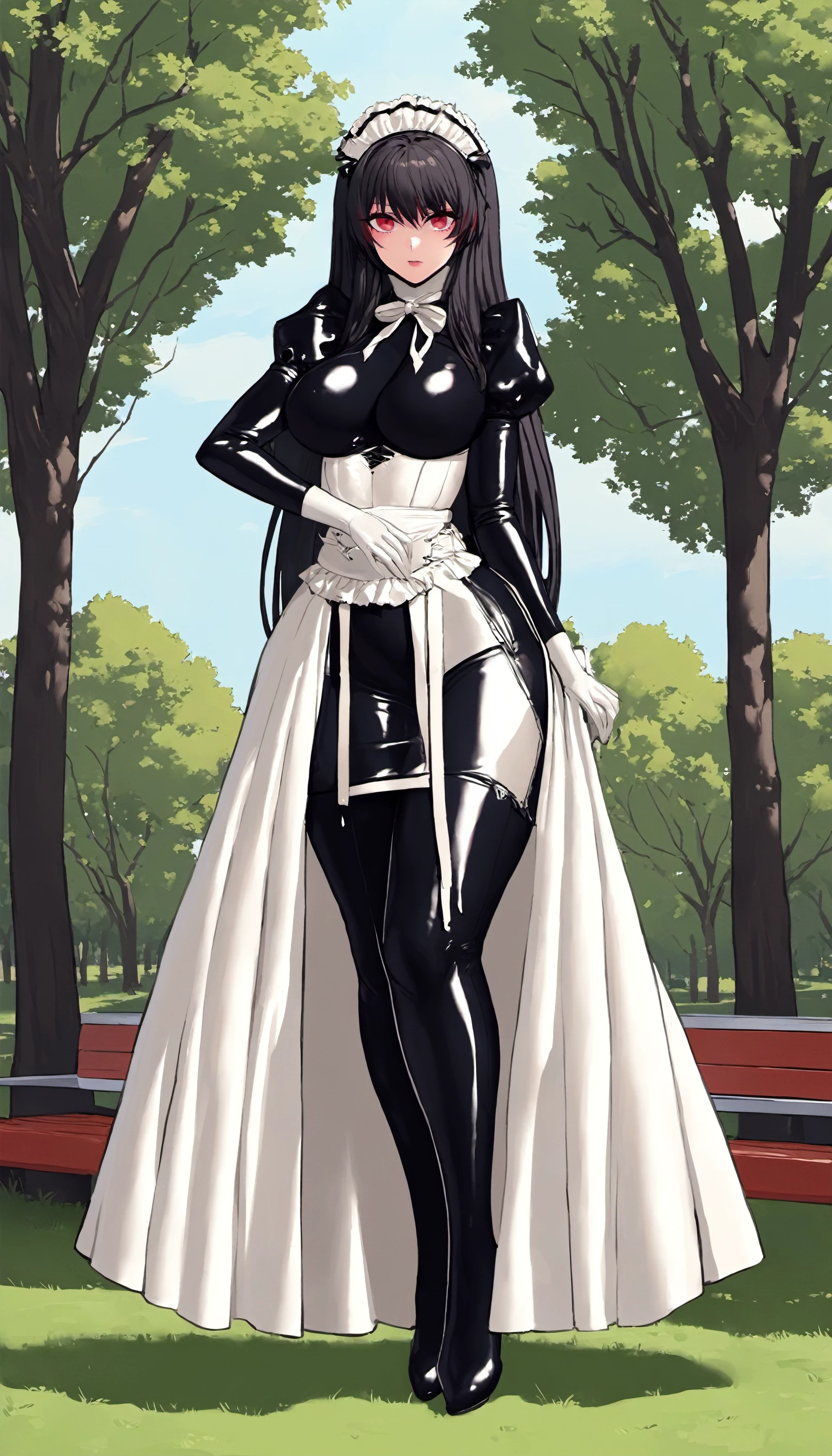 1girl, latex bodysuit, cowboy shot,
tall female, tally, red eyes, black hair, streaked hair, very long hair,
thigh boots, (latex:1.2), (black latex bodysuit:1.2), white latex gloves, long sleeves, high heel boots, white latex skirt, latex legwear, latex maid outfit, maid, maid headdress, (long skirt:1.2),
looking at viewer, day, blue sky, summer, outdoors, park, grass, tree,
masterpiece, best quality, ultra detailed, high quality, perfect anatomy, solo, pose <lora:tesomu-10-epoch-color-sdxl:1>