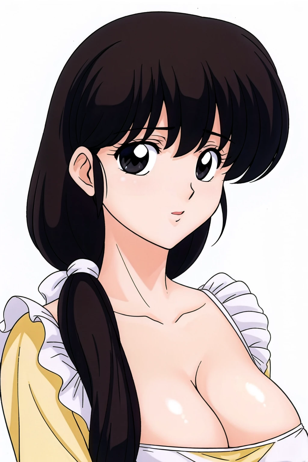 Simple yellow Background,
yellow shirt, white apron, frilled apron, cleavage, collarbone,
<lora:Kasumi_Tendo_Ranma-KK77-V1:0.6>,
<lora:Otonashi_Kyoko_hoshino-KK77-V2:0.4>,
black eyes, black hair,long hair, bangs, braid,hair ornament,
<lora:Oda_Non_Style-KK77-V2:0.1>,<lora:more_details:0.1>,
1 girl, 20yo,Young female,Beautiful long legs,Beautiful body,
Beautiful Nose,Beautiful character design, perfect eyes, perfect face,expressive eyes,perfect balance,
looking at viewer,(Focus on her face),closed mouth, (innocent_big_eyes:1.0),(Light_Smile:0.3),
official art,extremely detailed CG unity 8k wallpaper, perfect lighting,Colorful, Bright_Front_face_Lighting,White skin,
(masterpiece:1.0),(best_quality:1.0), ultra high res,4K,ultra-detailed,
photography, 8K, HDR, highres, absurdres:1.2, Kodak portra 400, film grain, blurry background, bokeh:1.2, lens flare, (vibrant_color:1.2),professional photograph,
(Beautiful,large_Breasts:1.4), (beautiful_face:1.5),(narrow_waist),