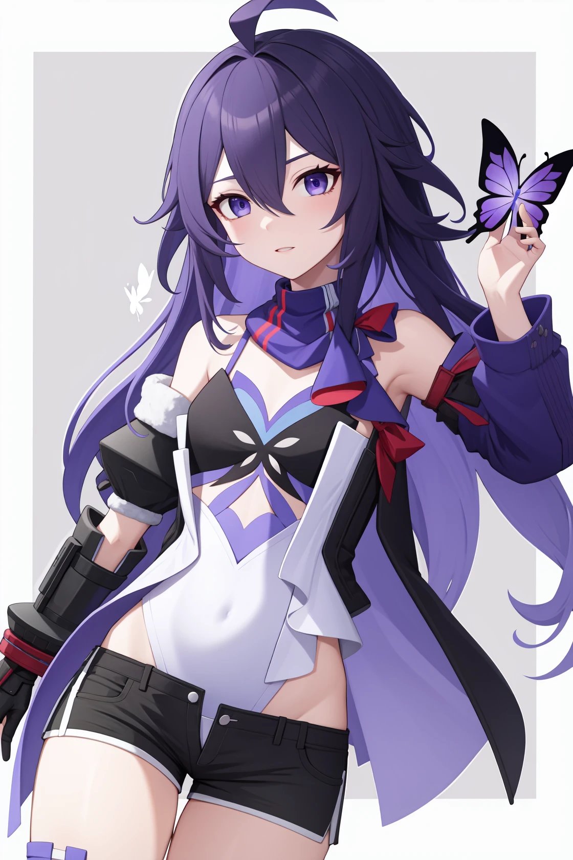 <lora:æéå¸å¿:1>,seele,long hair,bangs,purple hair,hair between eyes,purple eyes,bare shoulders,ahoge,shorts,gloves,black shorts,blue hair,butterfly,, 1girl,
,  (masterpiece,best quality:1.2),absurdres