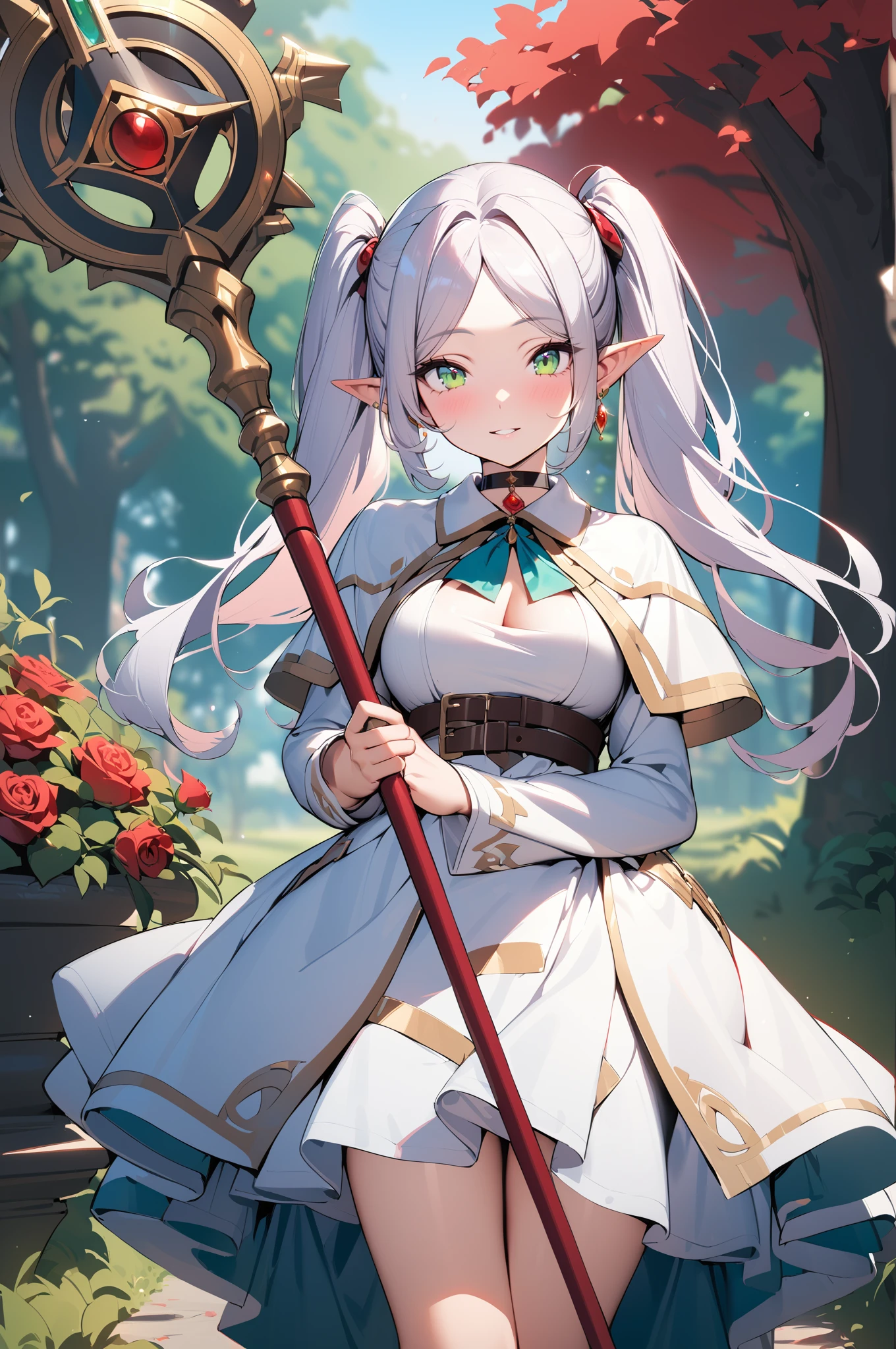 (masterpiece, best quality) 1girl, solo, beautiful, elf, pointy ears, white hair, twintail, green eyes, white dress, white cape, magician staff, magic, (magic circle:1.1), (Forrest background:1.2)