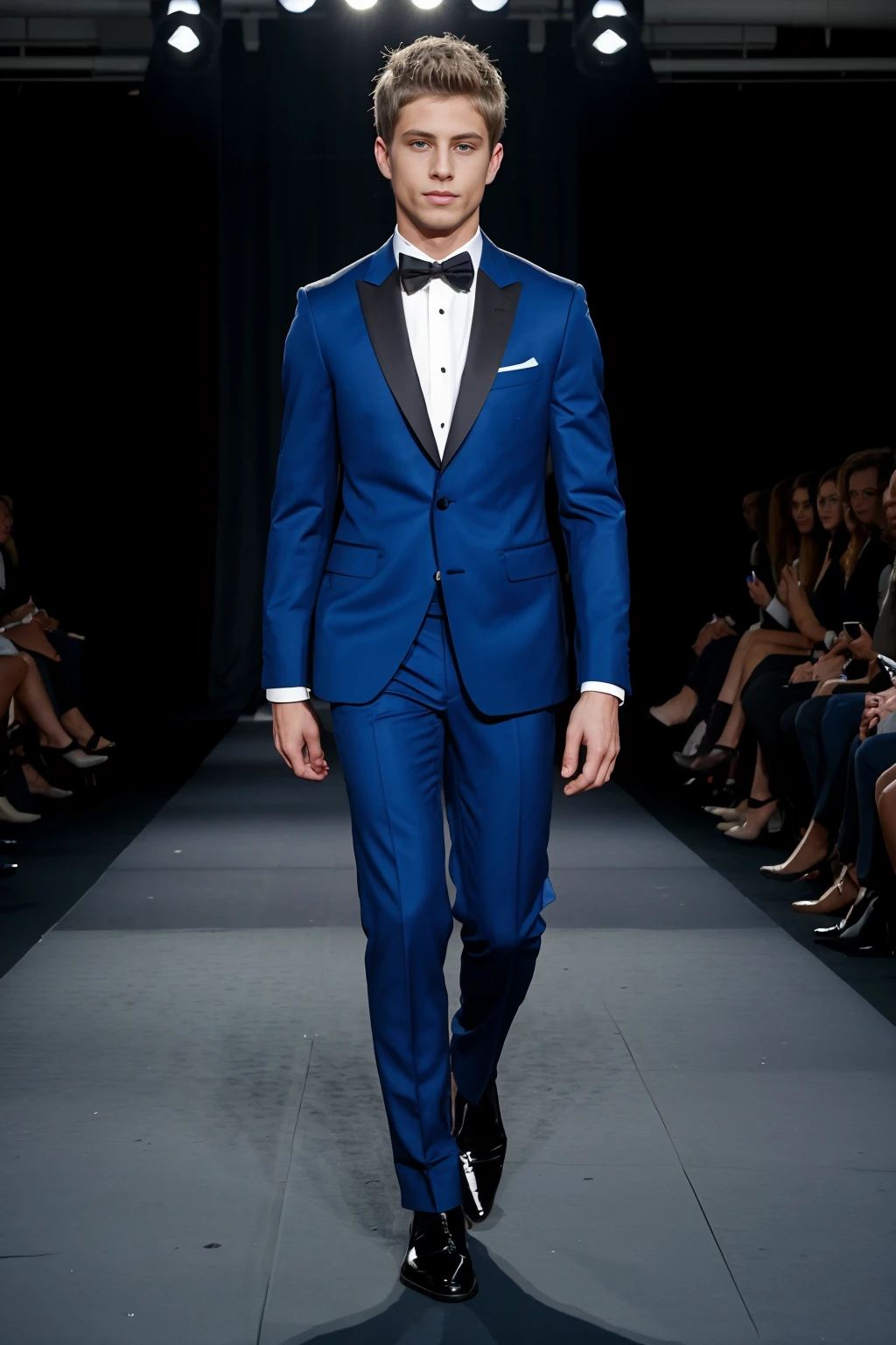 New York fashion show, (walking down fashion runway), JackHarrer wearing men's fashion outfit, masterpiece, (((full body portrait))), (full body), wide angle, seated crowd of people watching <lora:JackHarrer:0.8>