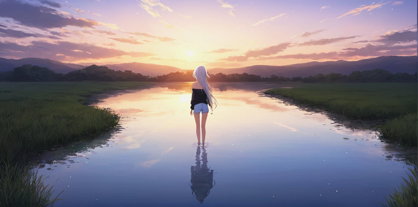 âDraw a person on the left side of the image, with only a landscape in the center and right side.â
white hair,,solo,1girl,
,gold eyes,,,straight hair,
BREAK
, off shoulder,shirt, short shorts,
Imagine an ethereal landscape where the sky and water merge in a seamless expanse, creating the illusion of floating in the air. The water is so still and clear it reflects the sky above perfectly, making it difficult to distinguish between the two. Wispy clouds are mirrored below, giving the sense of an infinite space where the horizon is lost. This tranquil setting is free from any human interference, focusing on the purity of nature's own canvas, and the feeling of serenity and boundlessness it inspires.