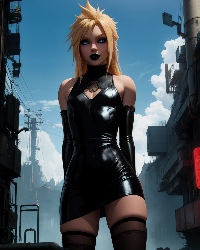 Cloud,long blonde hair,blue eyes,solo,hips,light smile,
eyeliner,black eyeshadow,black lips,arms behind back,
flat chest,leather dress,black elbow gloves,black thighhighs,
standing,
night,industrial,cyberpunk,
(insanely detailed, masterpiece, best quality),<lora:CloudFB-10FFv8:0.7>,