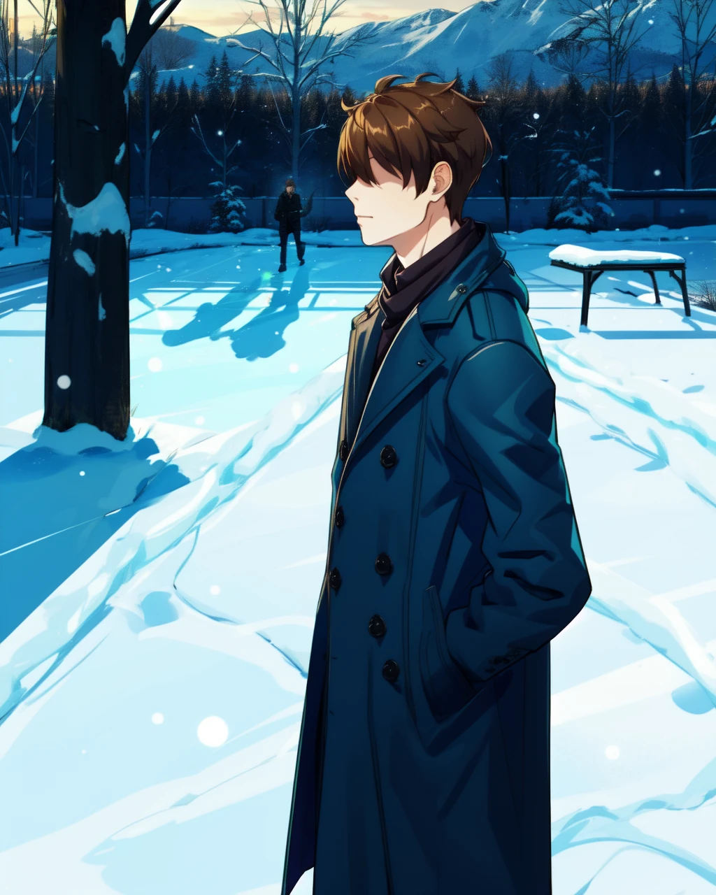 masterpiece, high quality, blpioneer, 1boy, cowboy shot, covered eyes, shadow on eyes, brown hair, long blue winter coat, white scarf, outdoors, park, evening, walking, winter, hands in pockets, side view, <lora:blpioneer-000012:0.9>, <lora:add_detail:0.5>, <lora:colorize:0.5>