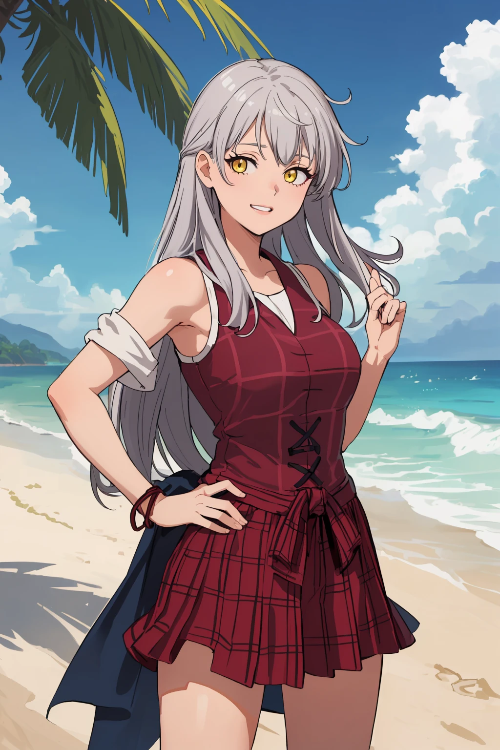 masterpiece, best quality,1girl, solo, facing viewer, <lora:EPfeMicaiah-07:1>, EPfeMicaiah, 1girl, long hair, grey hair, yellow eyes,fading border, beach, palm tree, towel, dusk, pray hand on hip, purple vest, plaid_skirt, winch, giggling