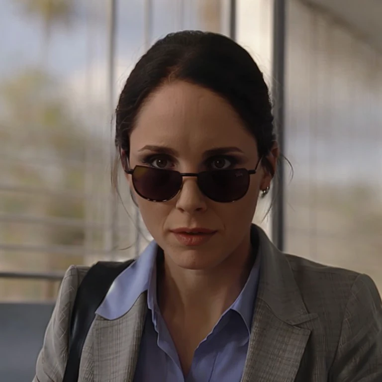 1girl, solo, alone, high quality photo of LydiaBB, nervous, <lora:Lydia Rodarte-Quayle_v0.1:0.9>, medium shot, dark sunglasses