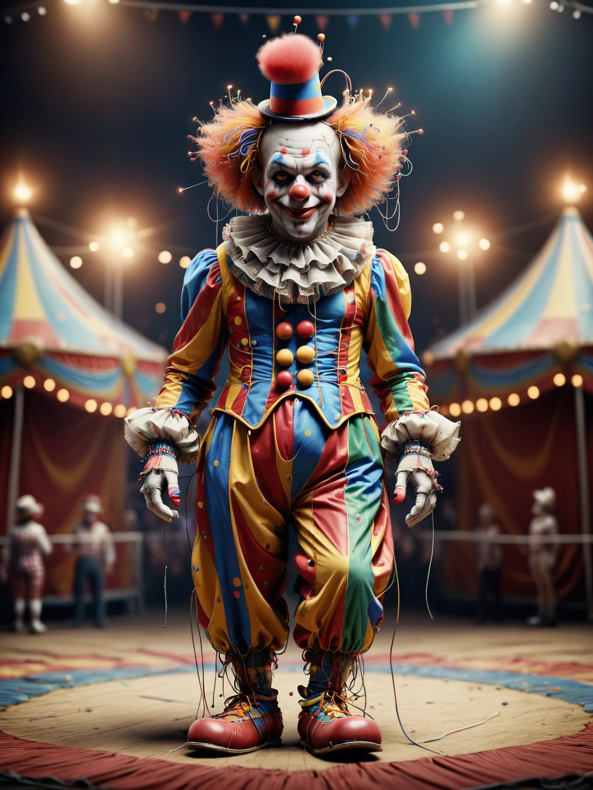 ais-wirez clown, in a circus, blurred background <lora:Electrical_Wires_Style_SDXL:1>