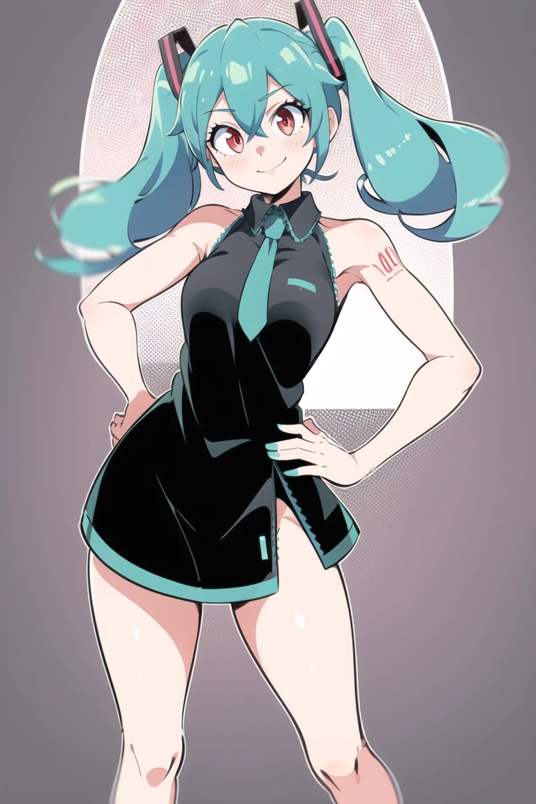 best quality, 1girl, solo,looking at viewer,simple background, cowboy shot, standing ,side smile:1.1 ,detailed eyes , detailed face, adorable face , cute, hatsune miku, long eyelashes, red eyes, black dress, <lora:GreenArtistSpice:1> greenartistspice,outline,