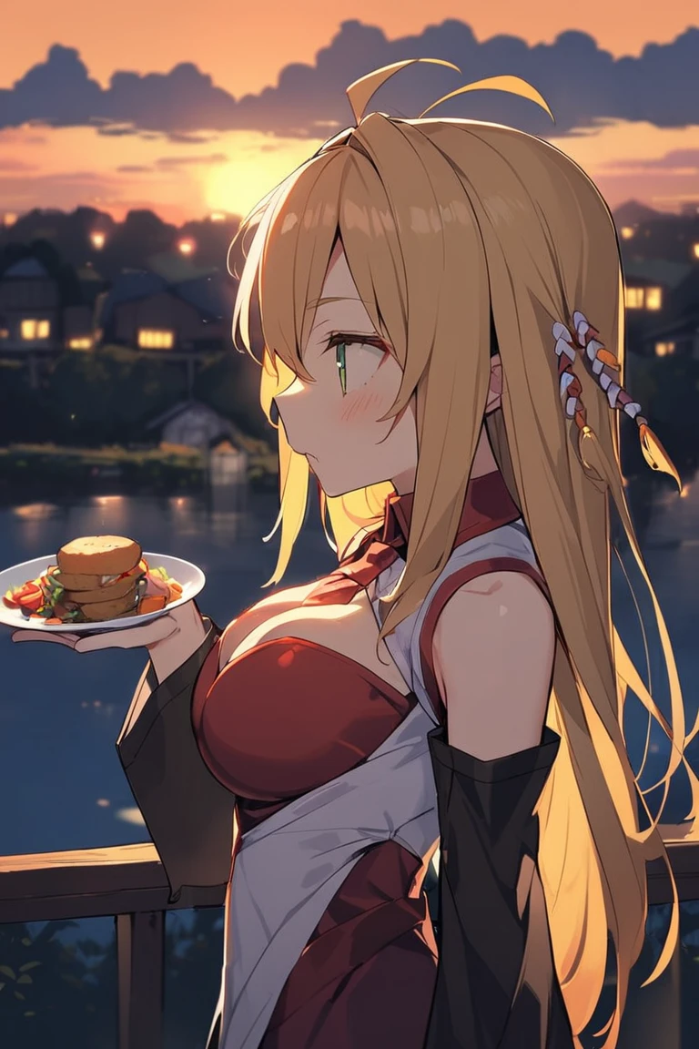 1girl, hungry, evening, upper body, from side, black detached sleeves, makilora, <lora:makilora_charaLoRA_XL_AMGold:0.9:lbw=1,0,1,0,1,1,1,0.9,1,0,0,0>
