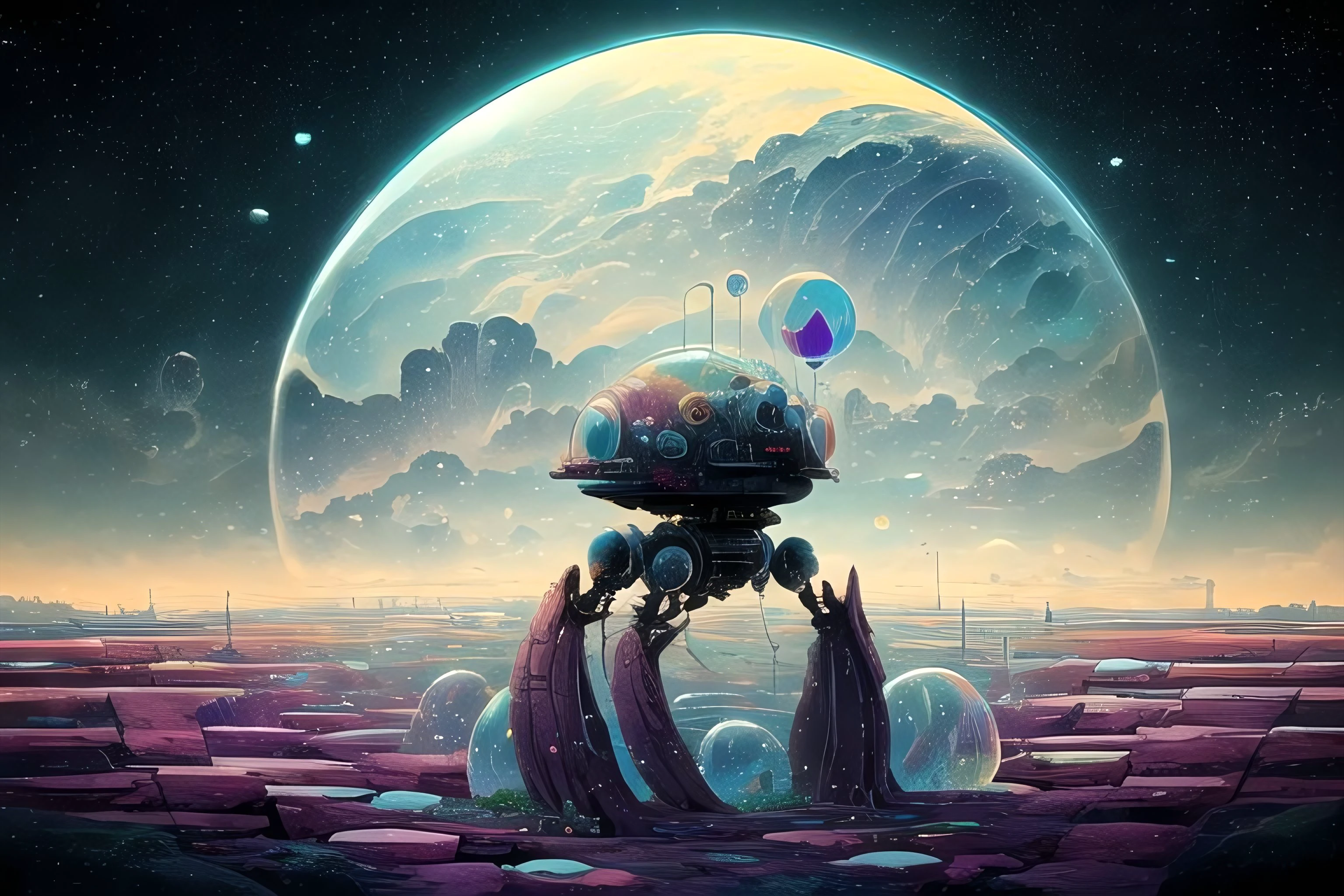 an alien landscape made of giant colorful bubbles and crystals, (no humans:1.9), <lora:GritJourney:1.0>