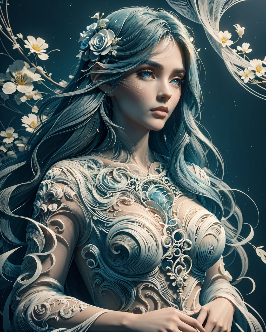 a stunning art, abstract, flowery, predominantly blue, white, upper body, centered, key visual, intricate, highly detailed, breathtaking beauty, precise line art, vibrant, comprehensive, cinematic, made of ral-3dwvz <lora:ral-3dwvz-sd15:1> ral-3dwvz