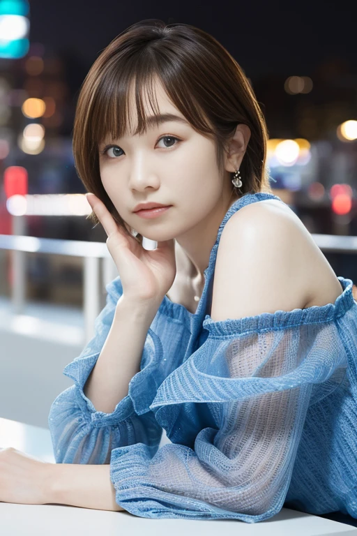 1girl, (wearing a blue off-shoulder knit top:1.2),(RAW photo, best quality), (realistic, photo-realistic:1.4), masterpiece, an extremely delicate and beautiful, extremely detailed, 2k wallpaper, Amazing, finely detail, extremely detailed CG unity 8k wallpaper, ultra-detailed, highres, soft light, beautiful detailed girl, extremely detailed eyes and face, beautiful detailed nose, beautiful detailed eyes,(cinematic lighting:1.4),(in the city at night:2.0),perfect anatomy,(slender body:1.2),(close up face:1.8),(gentle smile,Friendly, warm:2.0),(looking at viewer:1.8),(japanese idol:1.8),(wavy shorthair:1.6), (brown eyes:1.8),(standing and posing:2.0),(cleavage:1.5), <lora:tadokoroazusa_lora-10:0.8>
