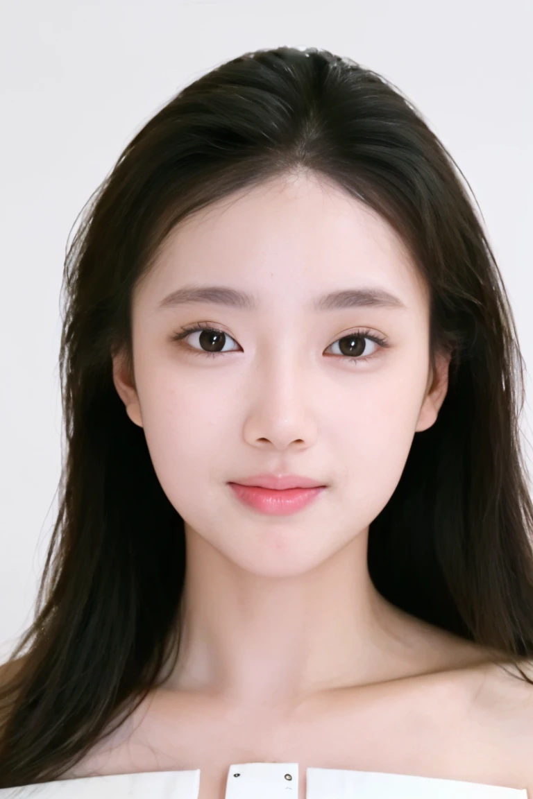 (masterpiece, top quality, best quality, (close-up photograph: 2), ((1girl)), korean, fair skin, (extremely detailed face), ((looking at viewer)), ((((ultra-detailed eyes and pupils)))),((((ultra-detailed lips)))) cheekbone, plump cheeks, ((bare pectorals)), ((bare chest)), ((tube dress)), bare head, ((bare shoulders)), symmetrical frame, (((strapless))), ((closed lips)), (((smile))), ((symmetrical pose)), (symmetrical face: 1.6), 35mm, ((((minimal plain white background)))), ((no lighting)), long hair, no watermark, ((medium hair)), <lora:mulirenyvnew:0.7>