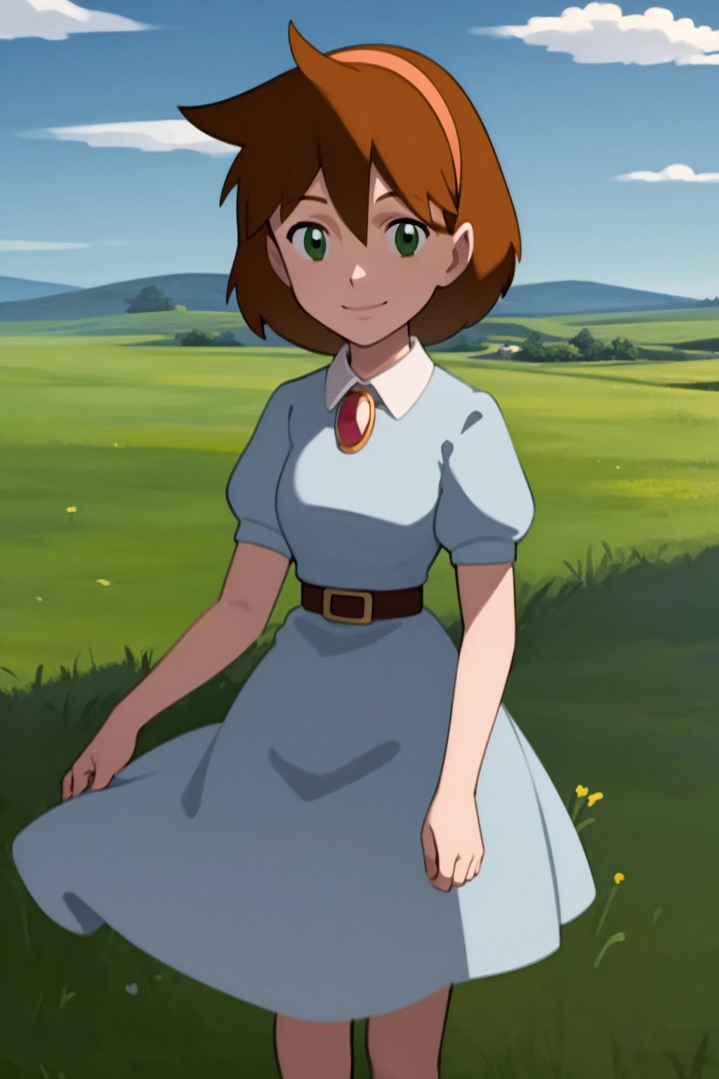 masterpiece, best quality, 1girl, janebuxton, brown hair, short hair, green eyes, hairband, brooch, dress, belt, standing, solo, looking at viewer, smile, blue sky, grass, cloud, meadow background, solid grey background <lora:JaneBuxton:1>