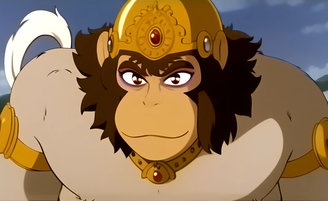 1boy, h@num@n, close shot , charismatic smile, brown eyes, brown hair, smile, golden head crown, male focus, solo, white long furry tail, armlet, muscular, standing tall , monkey face, anime art style, near river, sunset, beautiful shot, looking at the viewer, high quality, line official art,