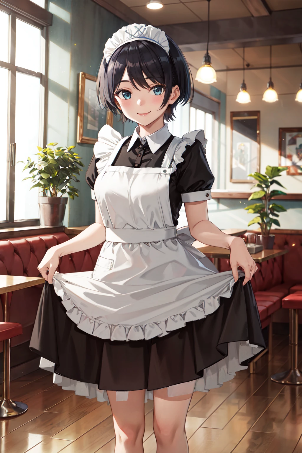 masterpiece,best quality,highres,ultra-detailed,aaruka,short hair,bangs,<lora:sarashina_ruka:0.8>,indoors,cafe,maid,maid headdress,apron,(skirt hold:1.2),standing,cowboy shot,smile,