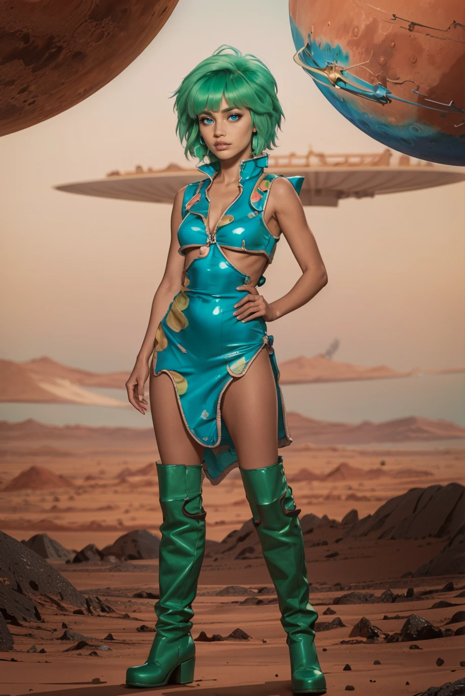 cute redhead woman in twin tails, multiple rainbow colored hair, sky-blue eyes, happy, Ukrainian, petite, pale skin, wearing a green metallic color bikini, post apocalyptic background, bleak barren desert, photo realistic woman. --auto