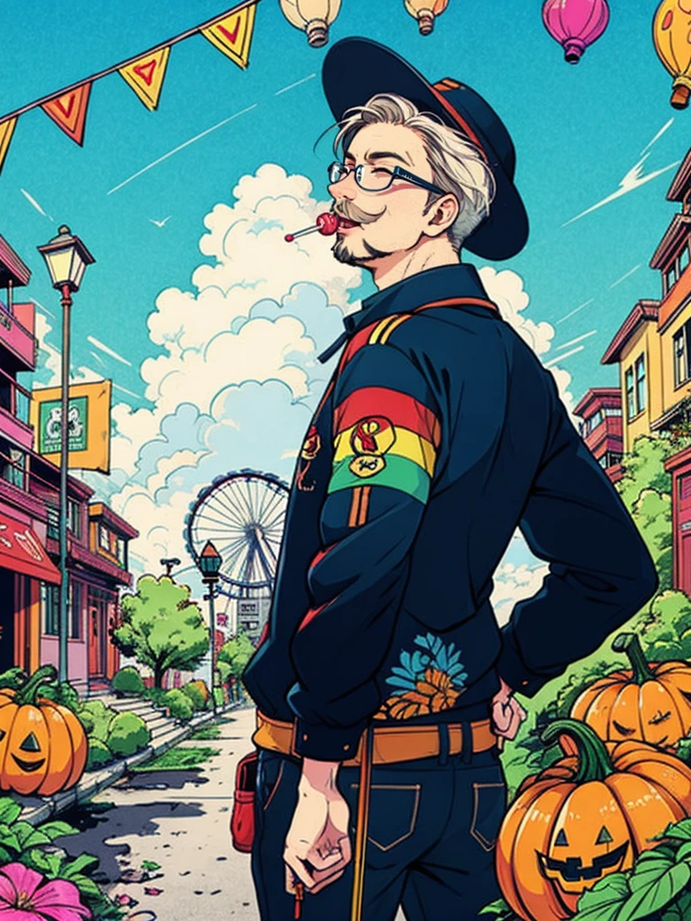 hezi, trend illustration, bright colors, candy, lollipop, food, flower, sky, cat, day, building, outdoors, mustache, balloon, open mouth, blue sky, smile, facial hair, cloud, multiple boys, flag, looking at viewer, swirl lollipop, holding, sign, jacket, copyright name, city, lantern, 1boy, castle, suit, shop, male focus, lamppost, rope, pumpkin, formal, glasses, long sleeves, banner, statue, teeth, ferris wheel, tongue, 2boys, solo focus, hat, town, shirt, clown, house, no humans, ring, closed eyes, holding candy, furry, string of flags, :d, white hair, blonde hair, tree, jewelry<lora:æ½®æµæç»:0.55>