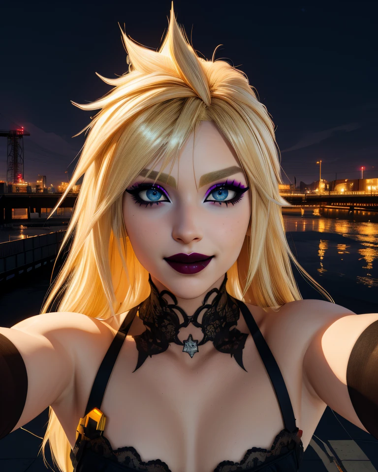 Cloud,long blonde hair,blue eyes,solo,arms up,
upper body,eyeliner,looking at viewer,lip gloss,smile,dark makeup,teeth,
flat chest,black dress,black elbow gloves,night,industrial,
standing,selfie,
night,industrial,cyberpunk,
(insanely detailed, masterpiece, best quality),<lora:CloudFB-10FFv8:0.8>,