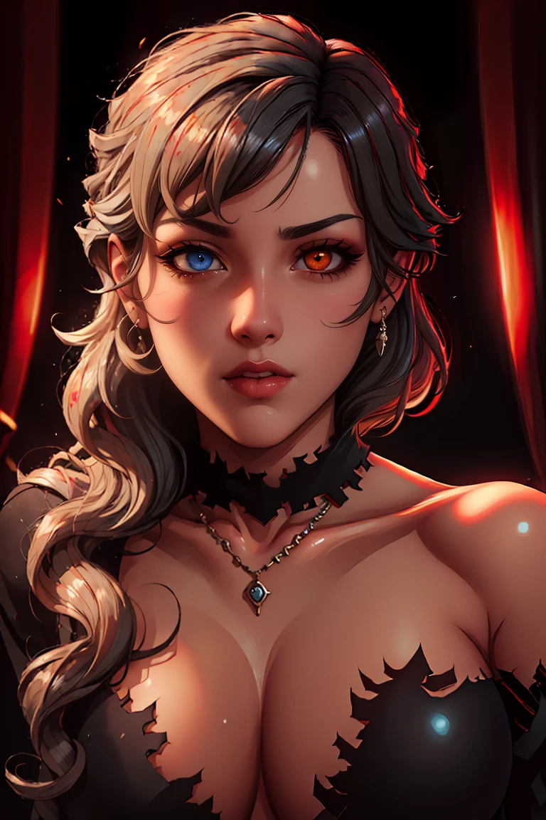 best quality, close-up, red curtains, dark background, 1girl, heterochromia, cleavage, <lora:EnvyBeautyMix05:0.3> <lora:freya_(danmanchi)_v1:0.15> ADDCOMM laurapalmer, blonde, <lora:laurapalmer-09:.6> beautiful, (black dress:1.3), long sleeves, blue eye, heterochromia, collarbone, necklace, BREAK glowing red eyes, bad-girl, mature female, monster, feathers, creature, broc-joanchen, owl, black hair:1.3, feathers:1.3, red eyes:1.3, heterochromia, harpy, short hair, bare shoulder, cleavage, necklace, evil grin, black background, strapless, collarbone, <lora:EnvyMonster01:0.8> <lora:badgirl-v15fix-lora-wdvae-6ep-resize:0.4>