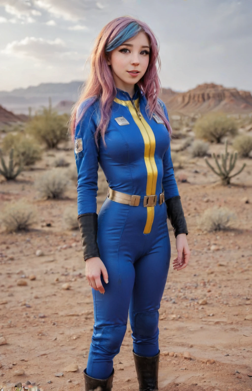A full body photograph of a rainbow hair woman wearing a Vault Suit in a desert wasteland, <lora:Fallout_Vault_Suit-000008:0.5> <lora:DI_belle_delphine_sdxl_v1:0.65> Belle Delphine