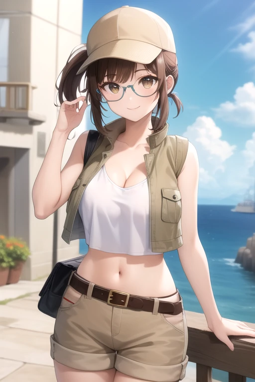 ((masterpiece)),(best quality),official art,extremely detailed CG,unity 8k wallpaper,ultra detailed,beautiful detailed eyes,extremely detailed face,A lighthouse on a cliff by the sea,1girl,solo,cowboy shot,looking at viewer,facing viewer,smile,Fio Germi(ms),baseball cap,brown headwear,beige hat,long hair,brown hair,ponytail,sidelocks,brown eyes,bangs,round eyewear,collarbone,cleavage,crop top,midriff,beige vest,tank top,large breasts,wristband,navel,belt,brown shorts,short shorts,shorts rolled up,hip vent,fanny pack,knee pads,boots,<lora:Fio Germi-remake(ms)>,