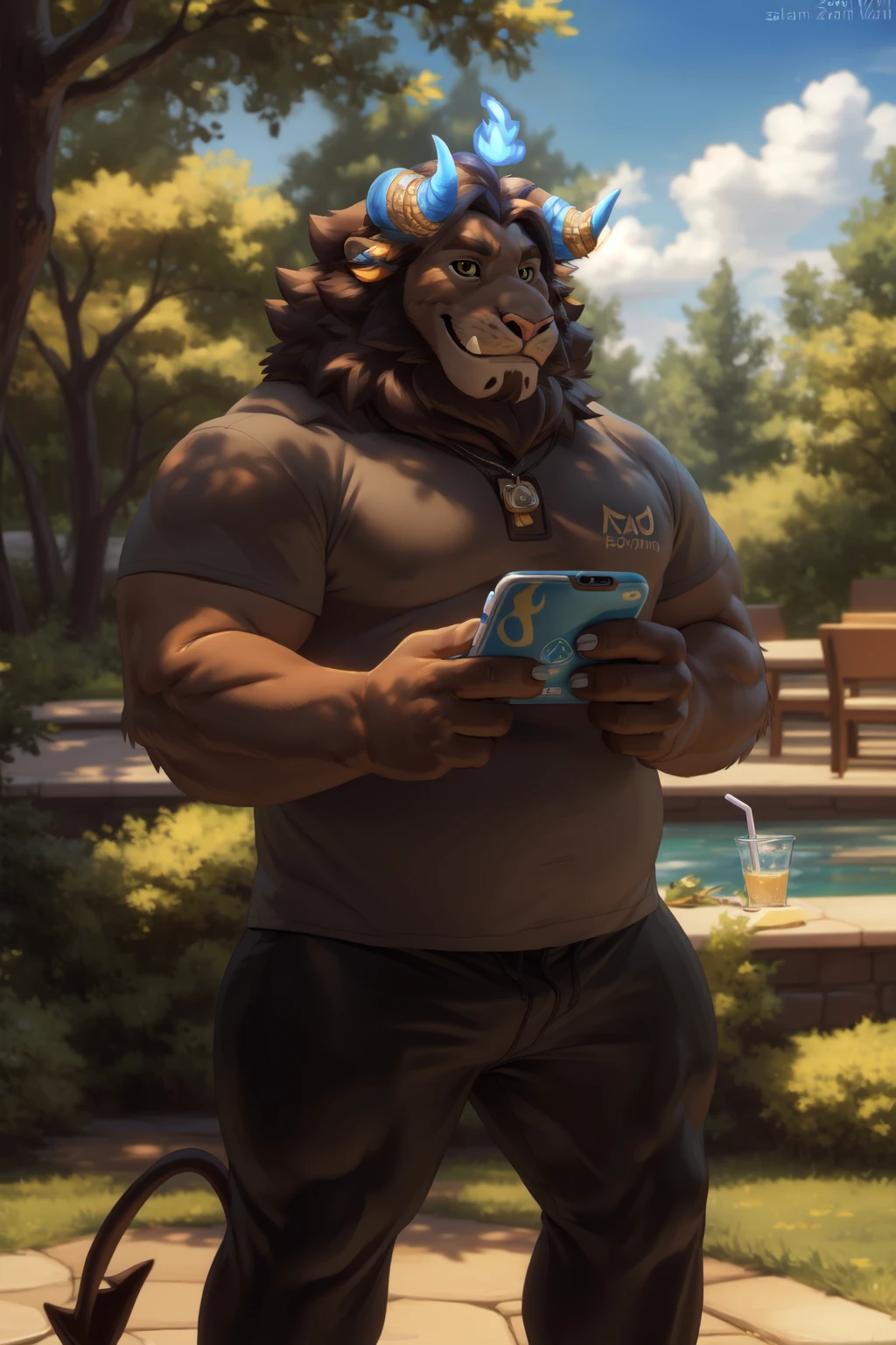 <lora:kobu-09:1>, kobuwtdl, male, chubby, lion tail, (posing:1.3), (soft shading), 4k, hi res, ((detailed face, detailed)), (full body), by zackarry911, by zaush, (by personalami:0.5), looking at viewer, smile, shirt, 1boy, holding, male focus, fang, cup, black shirt, border, fire, white border, outside border, plump, drinking straw, drink, handheld game console, black sclera, tusks, fangs out, demon lord