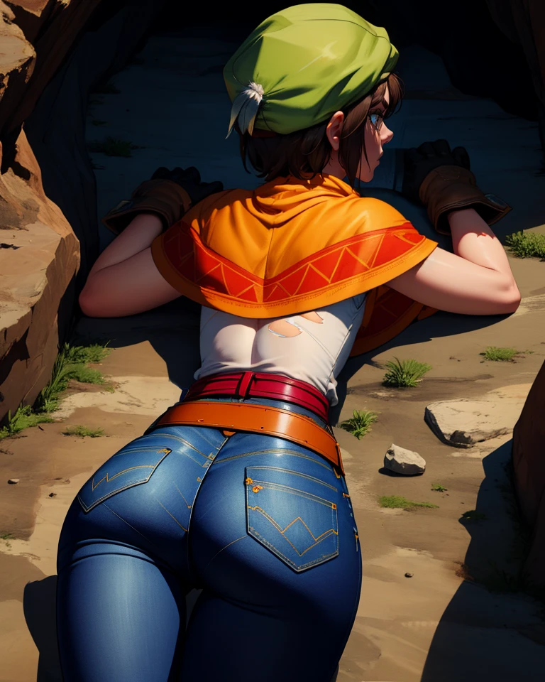 Toan,short brown hair,(Solo),serious,torn clothes,
orange poncho,black jeans,green hat,white feathers,crested brown gloves,red sash,
from behind,tight pants,dirty,lying,
cave,dark,
(insanely detailed, masterpiece, best quality),<lora:Toan-11DCv9:0.7>,