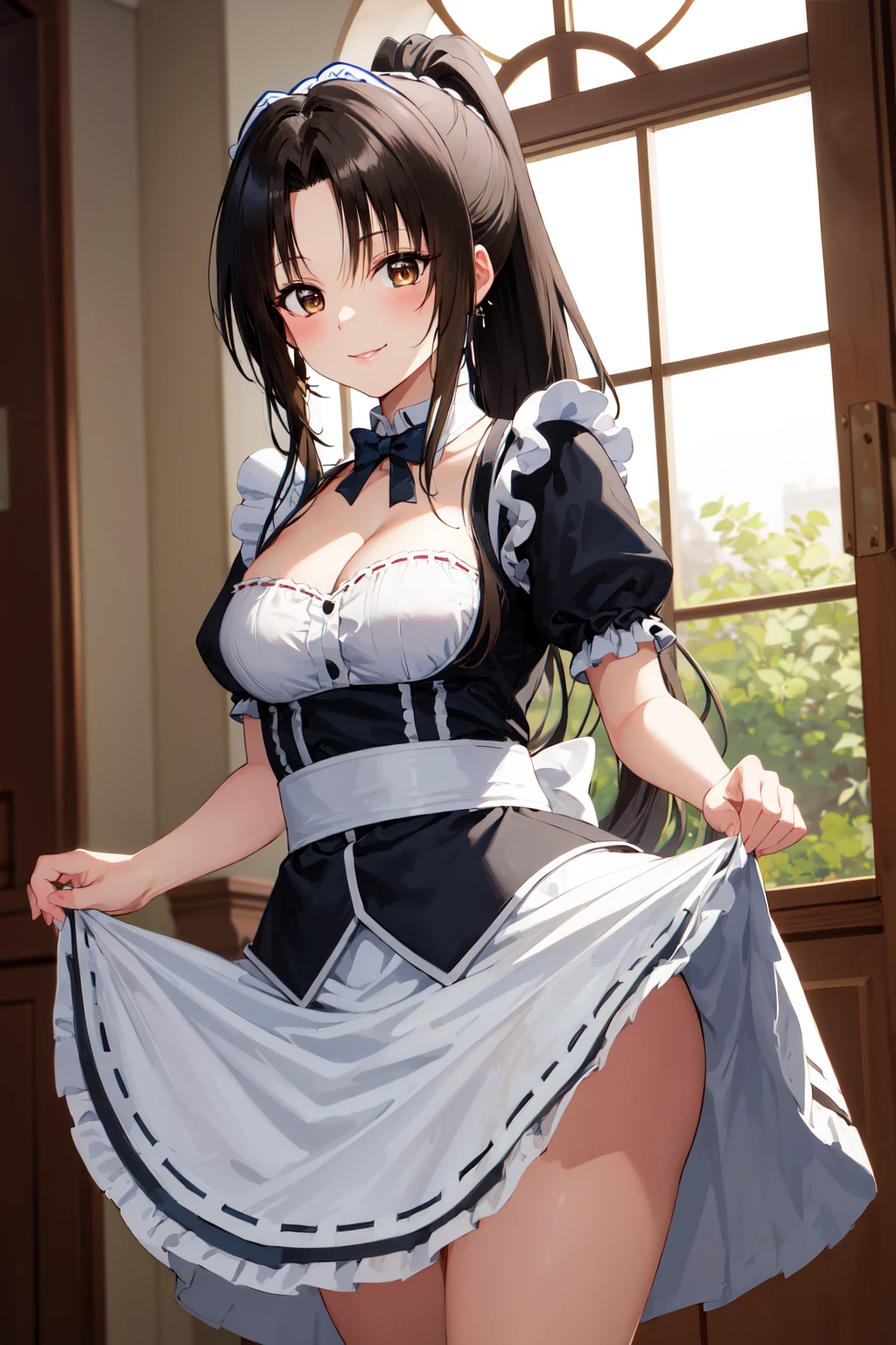 masterpiece, best quality, highres, 1girl, solo, long hair, black hair, ponytail, parted bangs, brown eyes, <lora:kujou_rin_v1:0.7>, maid, cleavage, skirt hold, smile, standing, indoors